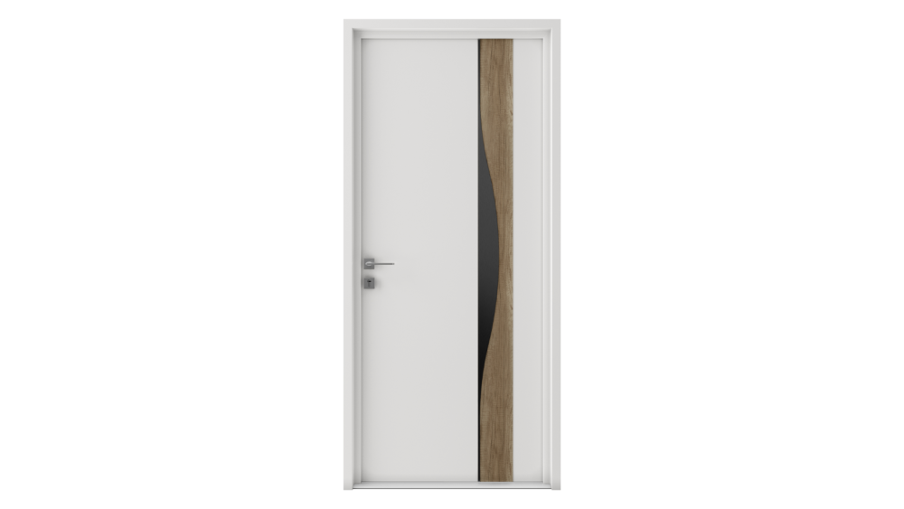 Porte d'entrée acier BENIGUET Porte d'entrée blanche avec décor bi-matériaux sur une partie rectangulaire côté droit de la porte